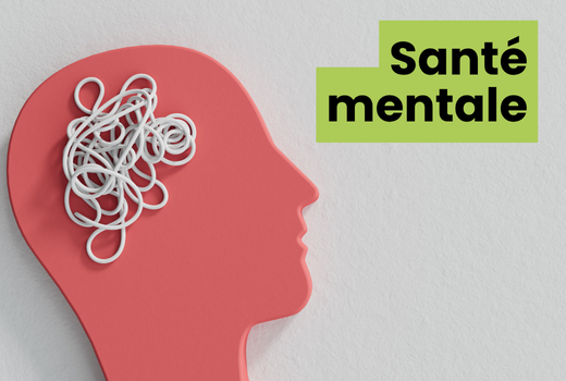 Illustration de la santé mentale : silhouette de tête rouge avec des fils enchevêtrés représentant la confusion mentale, accompagnée du texte 'Santé mentale