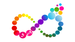 Infinity symbol made of colorful circles on a black background.