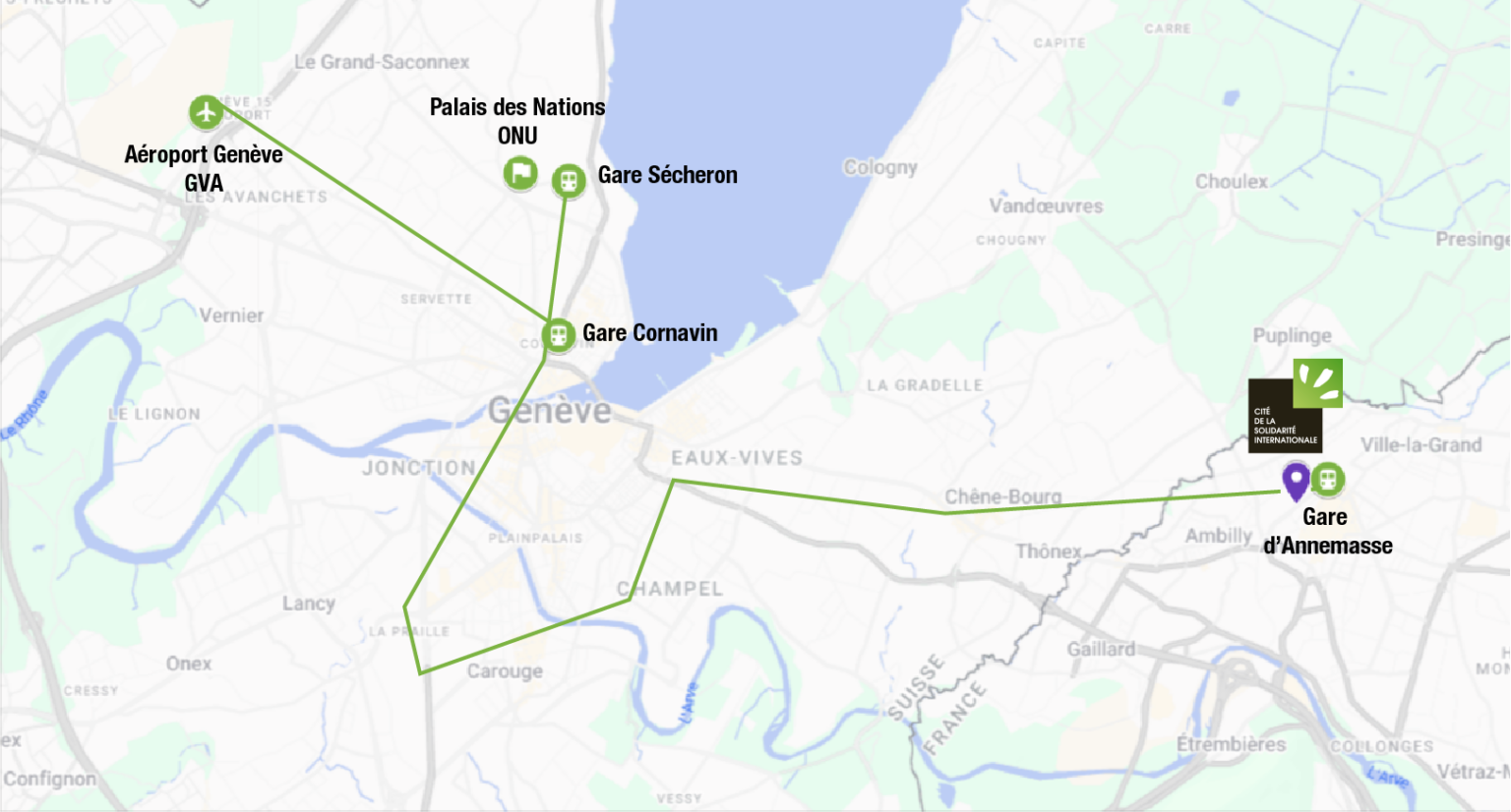 Map showing transport routes connecting Geneva Airport, Gare Cornavin, Palais des Nations, Gare Sécheron, and Gare dAnnemasse.